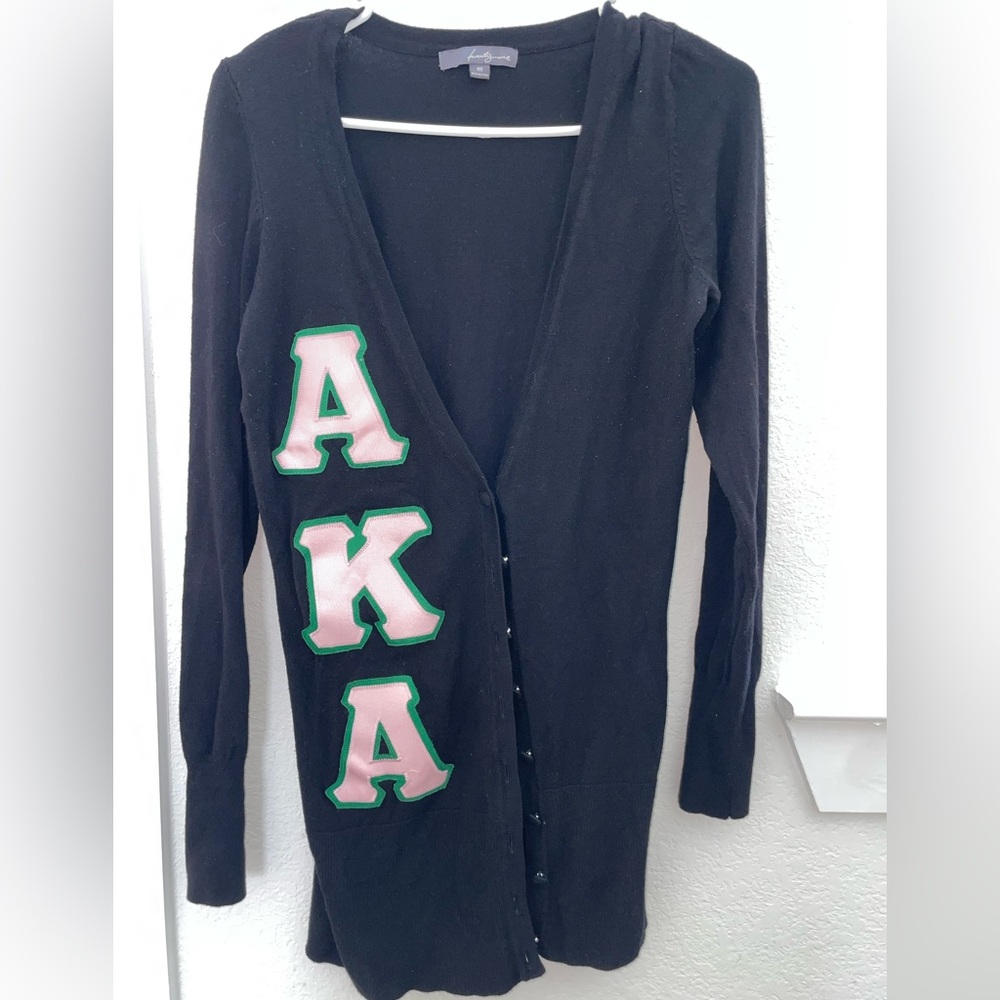 Elegant Black Cardigan with Green and Cream Accents